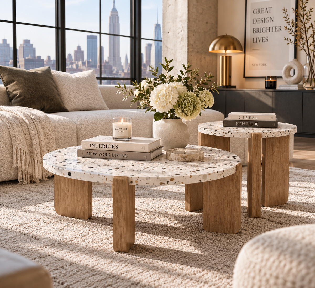 Tables Basses LYSÉA – Duo Rond Effet Terrazzo & Bois