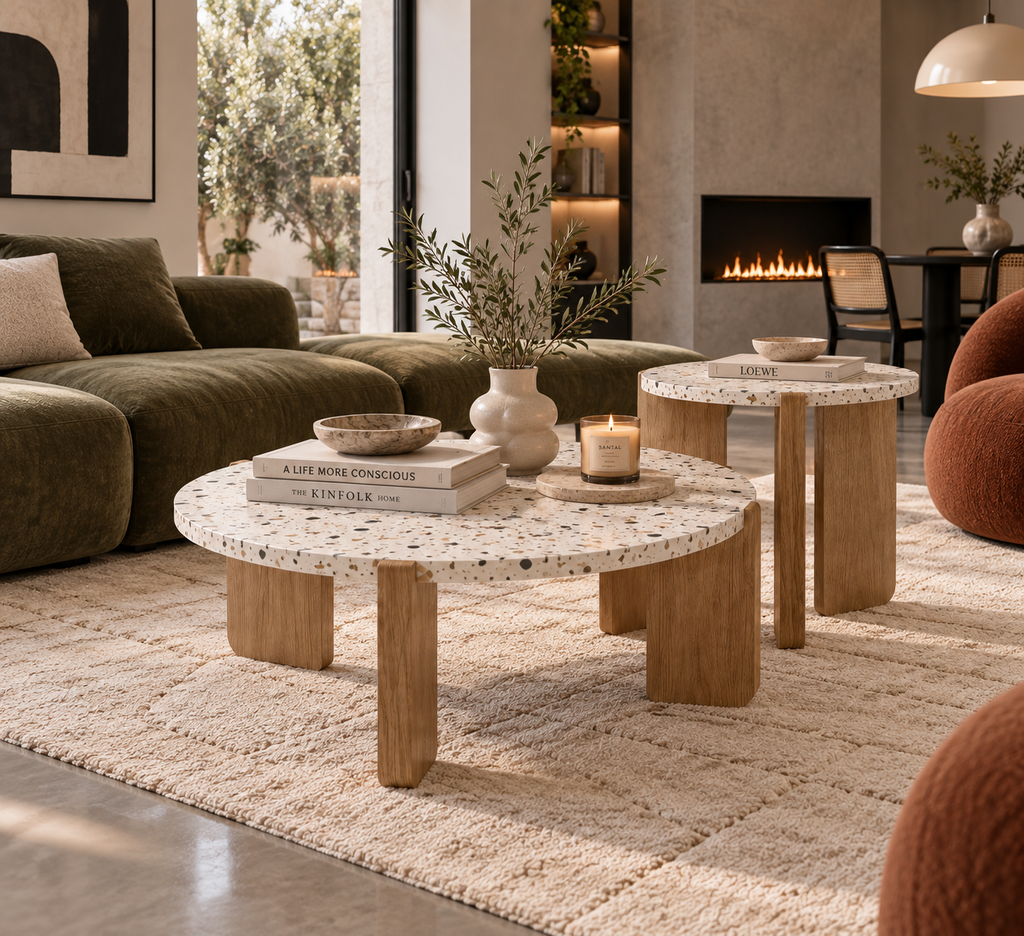 Tables Basses LYSÉA – Duo Rond Effet Terrazzo & Bois