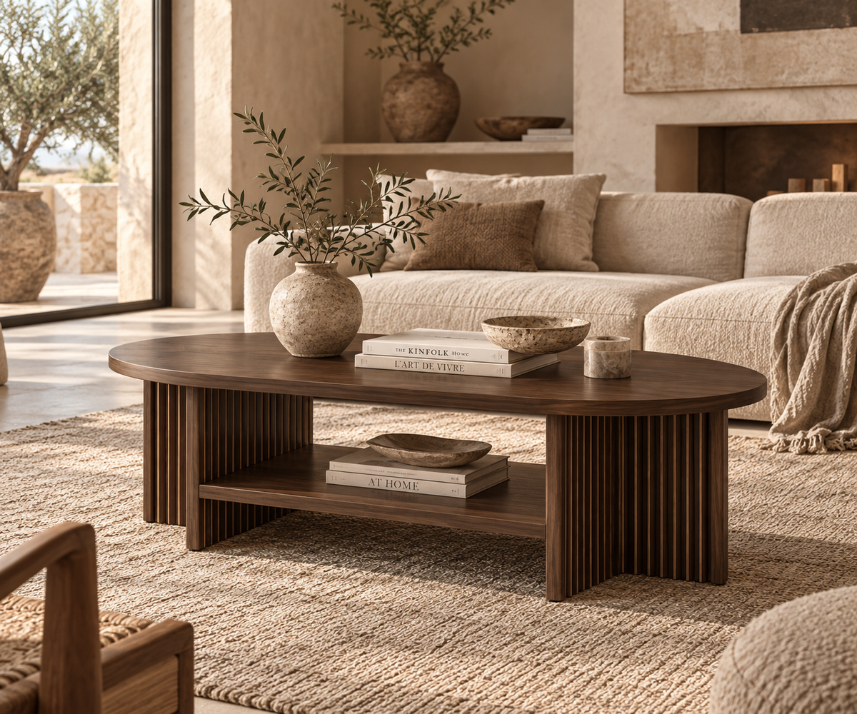 Table Basse LÉONIE – Ovale Effet Noyer avec Rangement