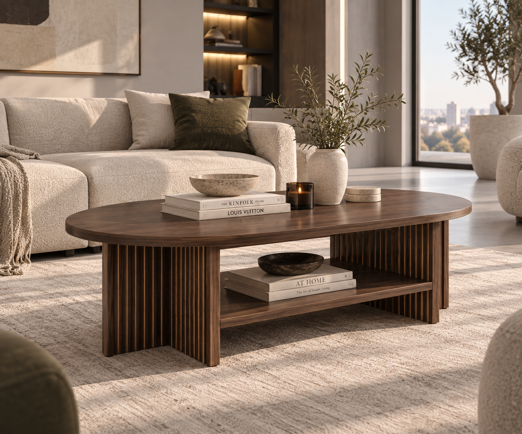 Table Basse LÉONIE – Ovale Effet Noyer avec Rangement
