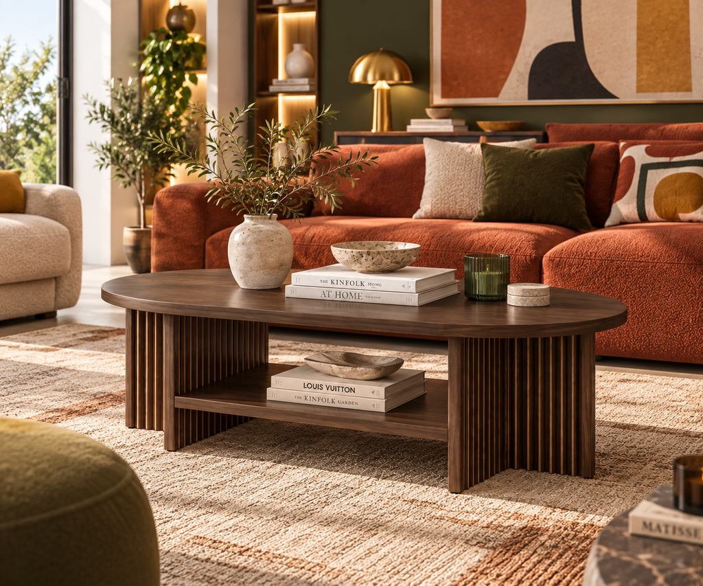 Table Basse LÉONIE – Ovale Effet Noyer avec Rangement