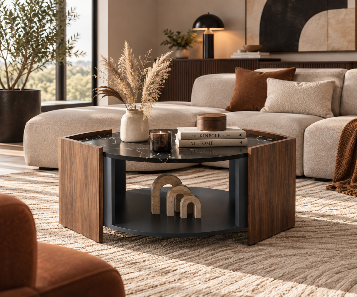 Table Basse ALBA – Noyer & Plateau Effet Marbre Noir