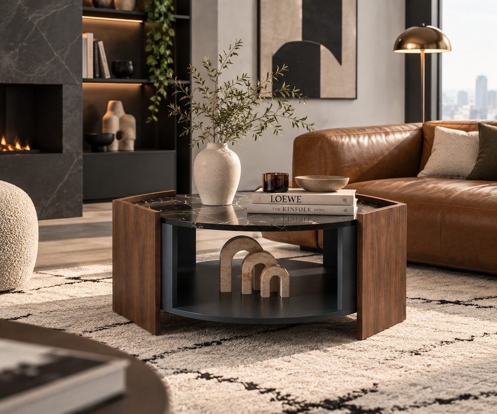 Table Basse ALBA – Noyer & Plateau Effet Marbre Noir