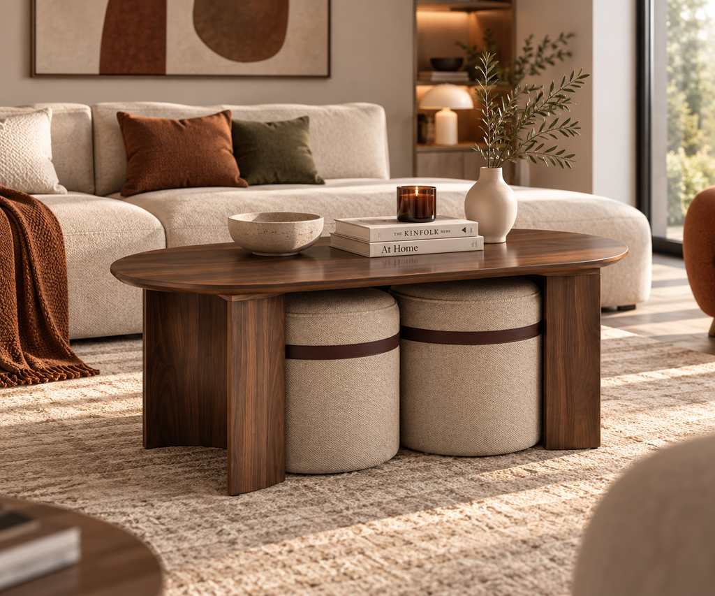 Table Basse ALMA – Effet Noyer & Duo de Poufs Intégrés