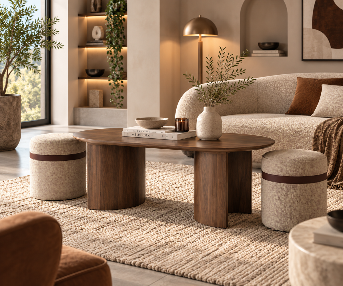 Table Basse ALMA – Effet Noyer & Duo de Poufs Intégrés