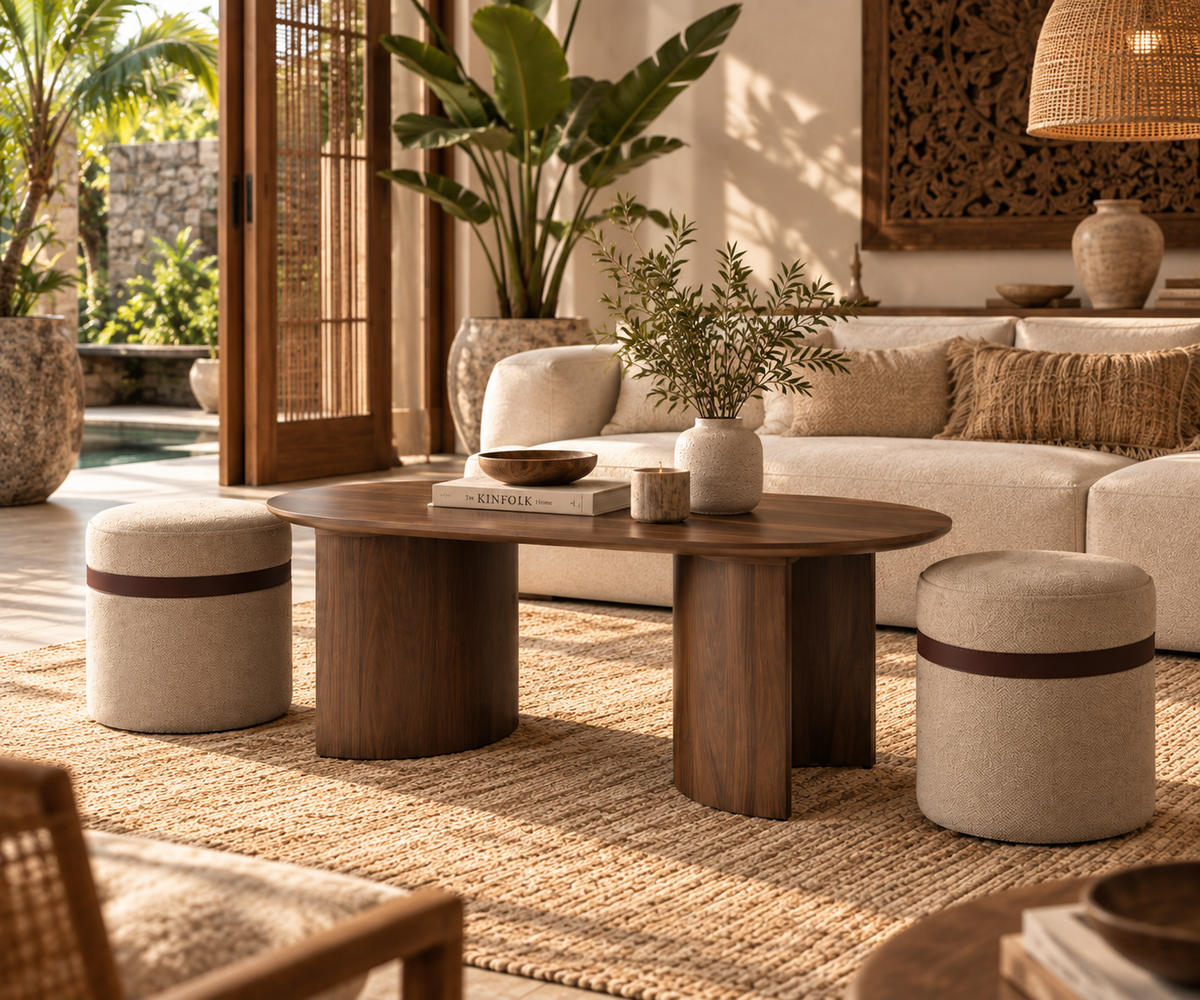 Table Basse ALMA – Effet Noyer & Duo de Poufs Intégrés