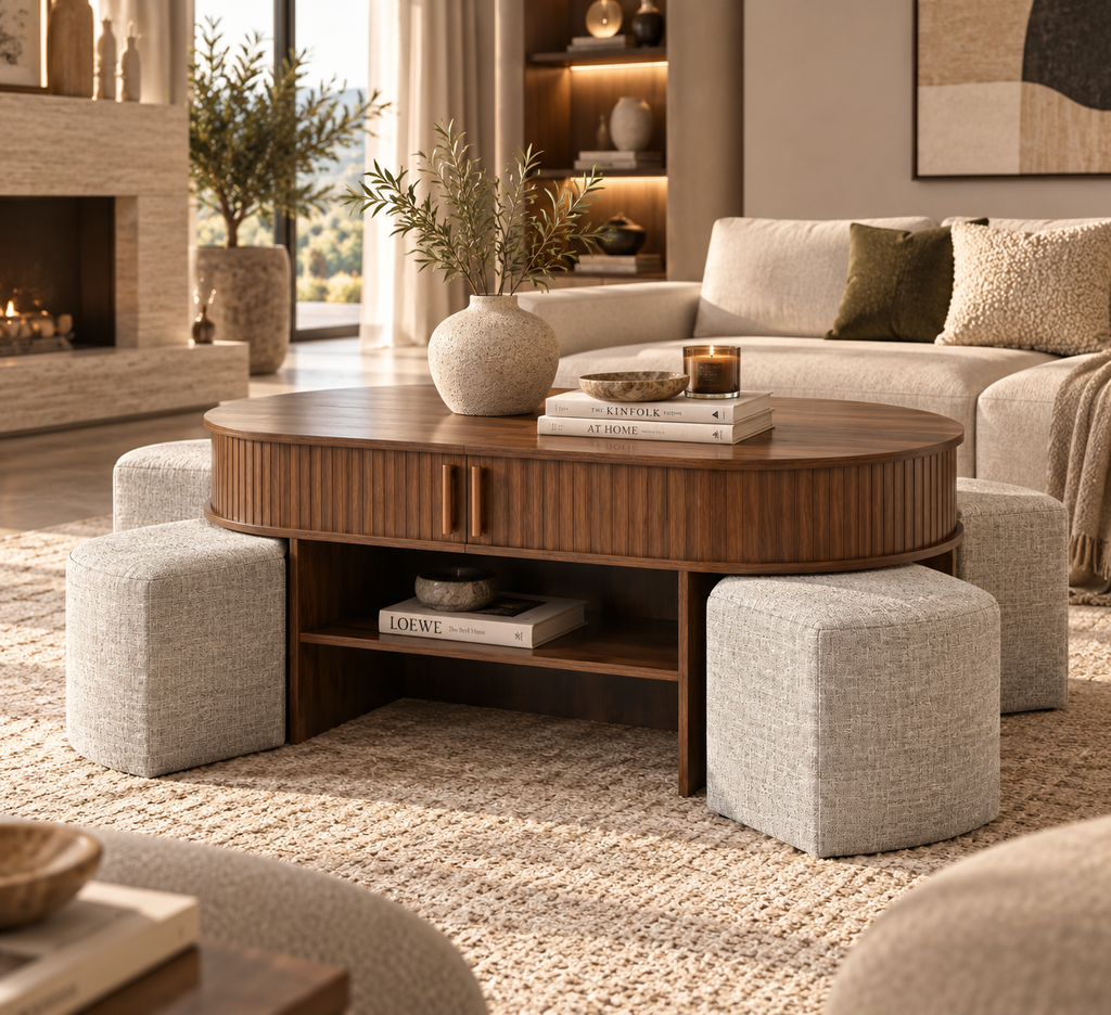 Table Basse MAÉVA – Noyer avec Rangement & 4 Poufs