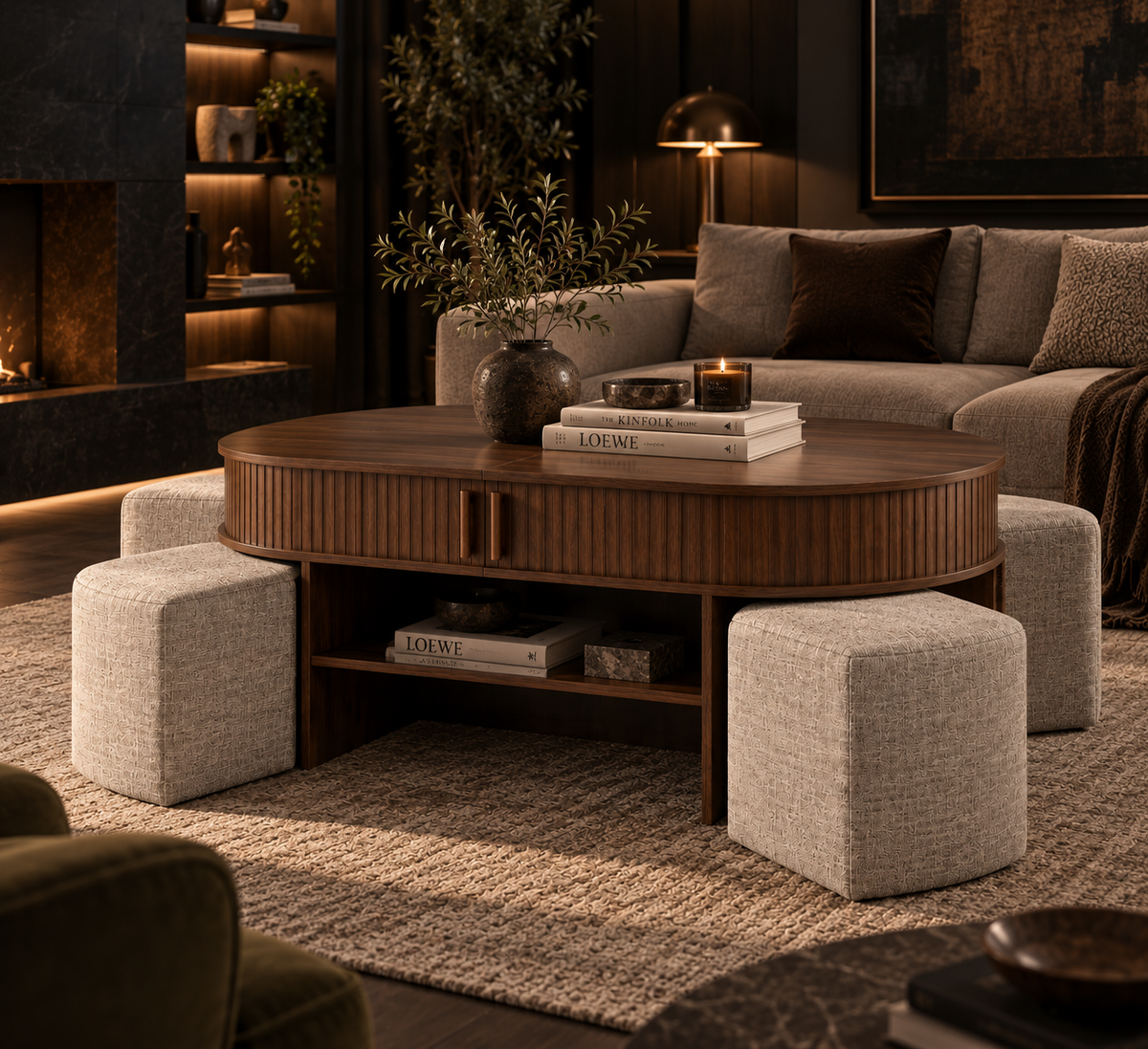 Table Basse MAÉVA – Noyer avec Rangement & 4 Poufs