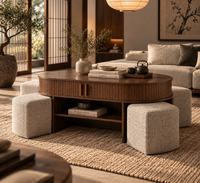 Table Basse MAÉVA – Noyer avec Rangement & 4 Poufs