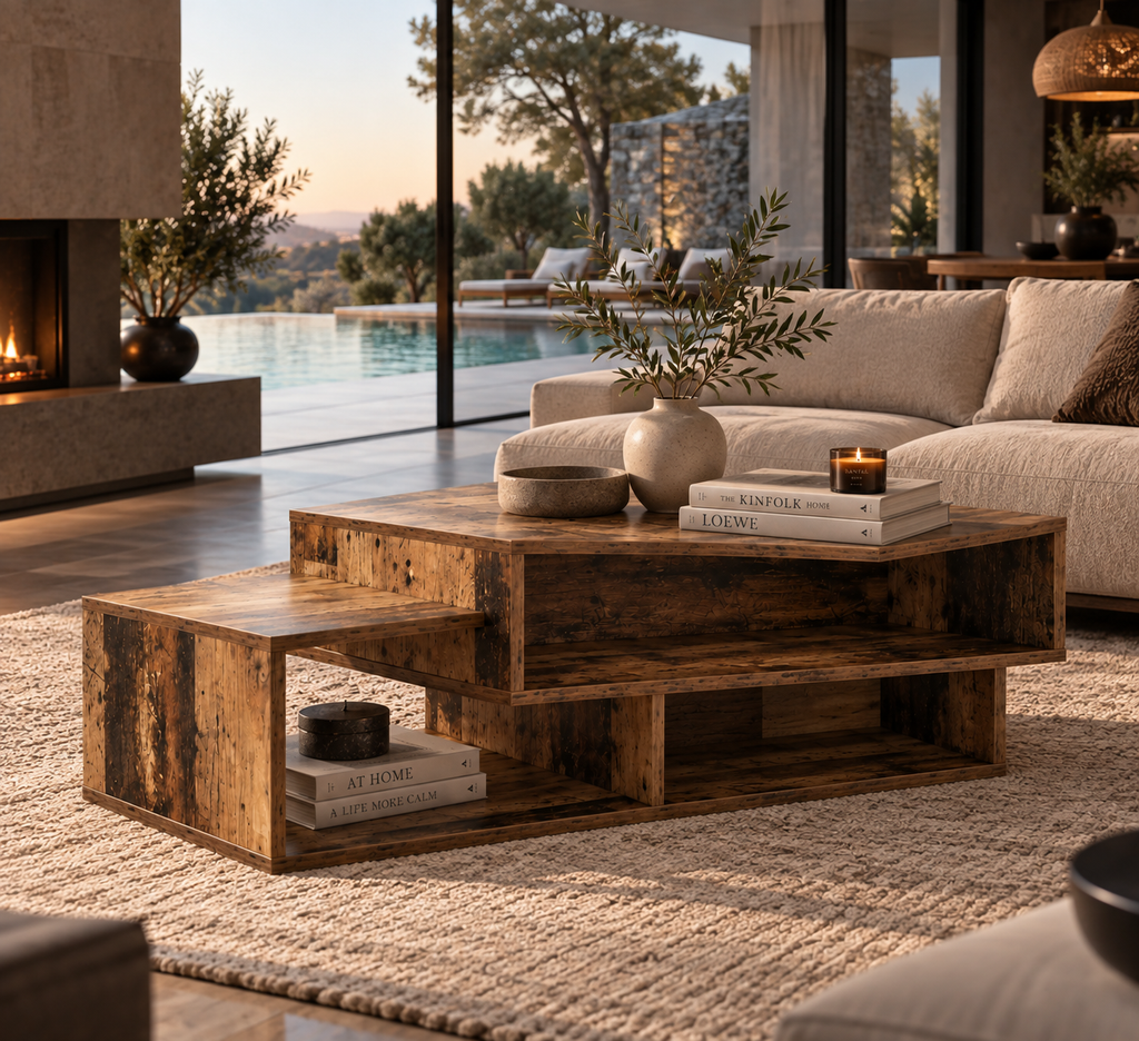 Table Basse SORA – Effet Bois Rustique avec Rangements