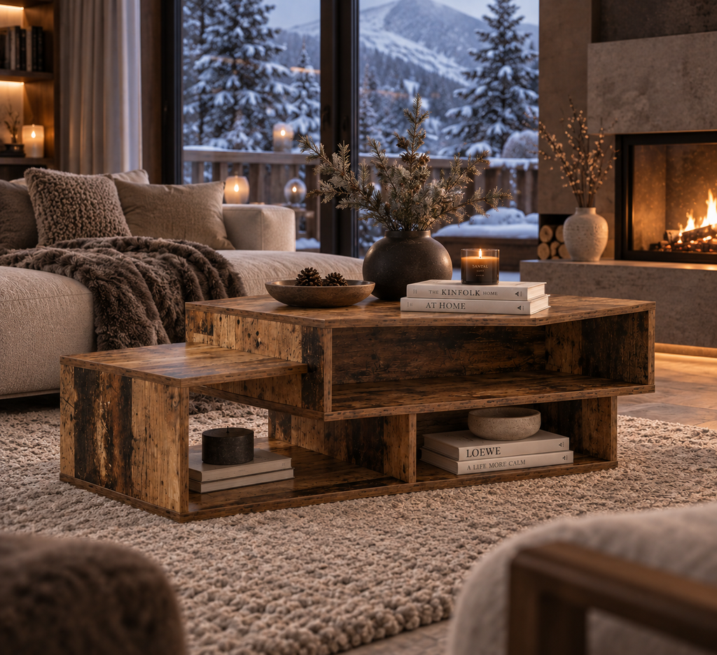 Table Basse SORA – Effet Bois Rustique avec Rangements