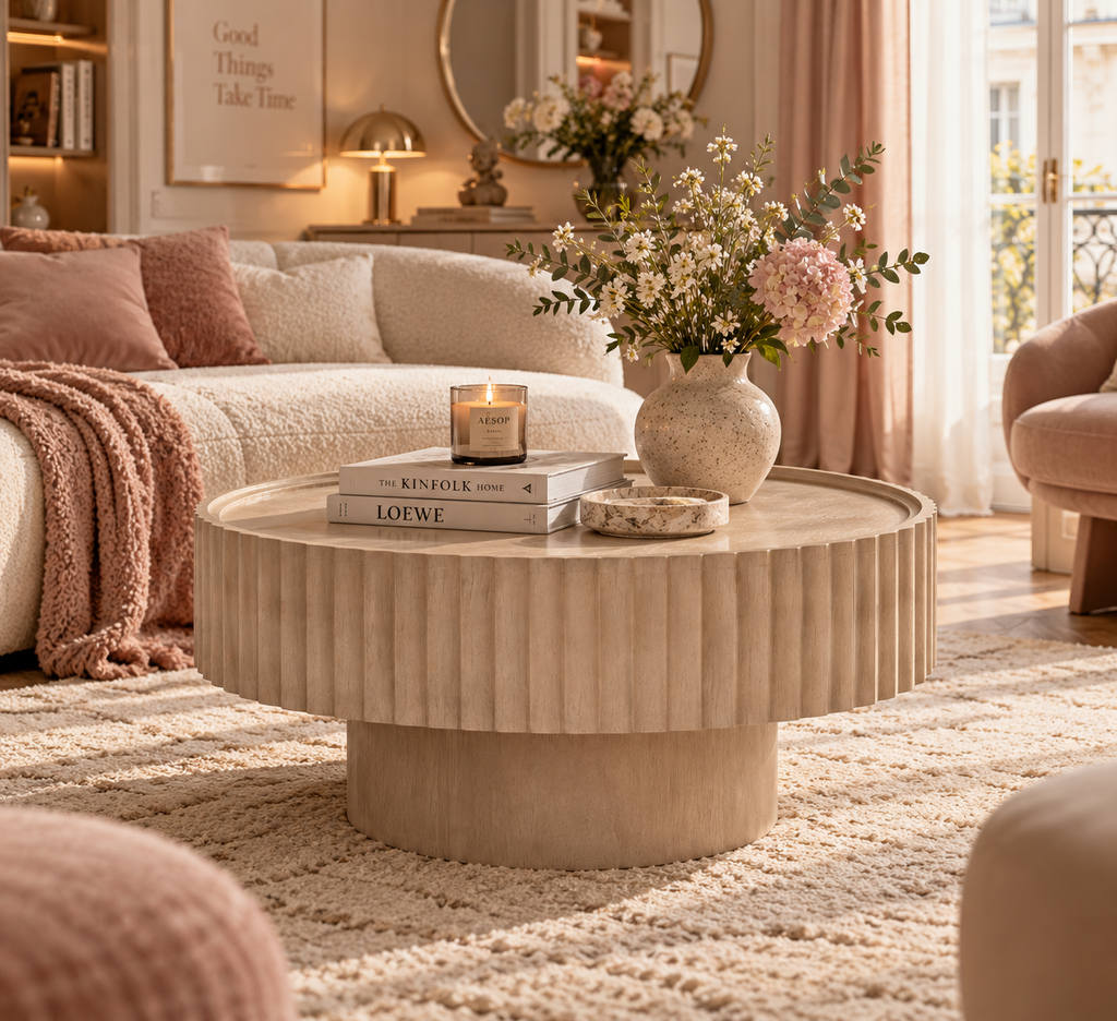 Table Basse SÉLÈNE – Ronde Effet Bois Cannelé