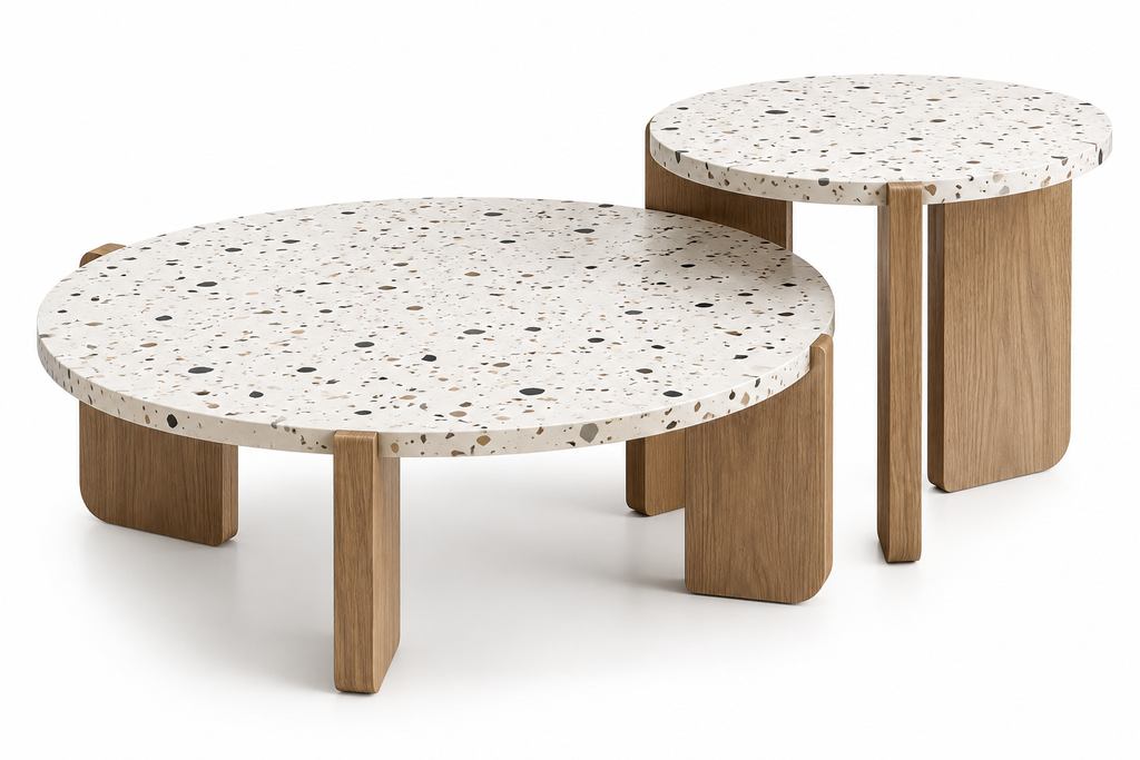 Tables Basses LYSÉA – Duo Rond Effet Terrazzo & Bois