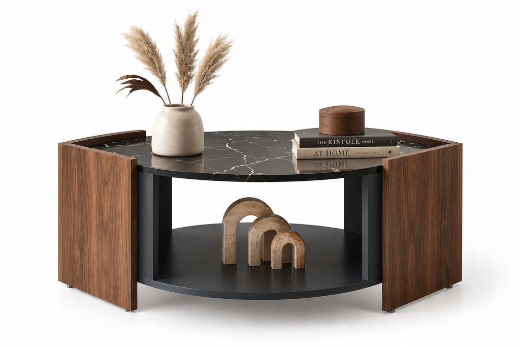 Table Basse ALBA – Noyer & Plateau Effet Marbre Noir