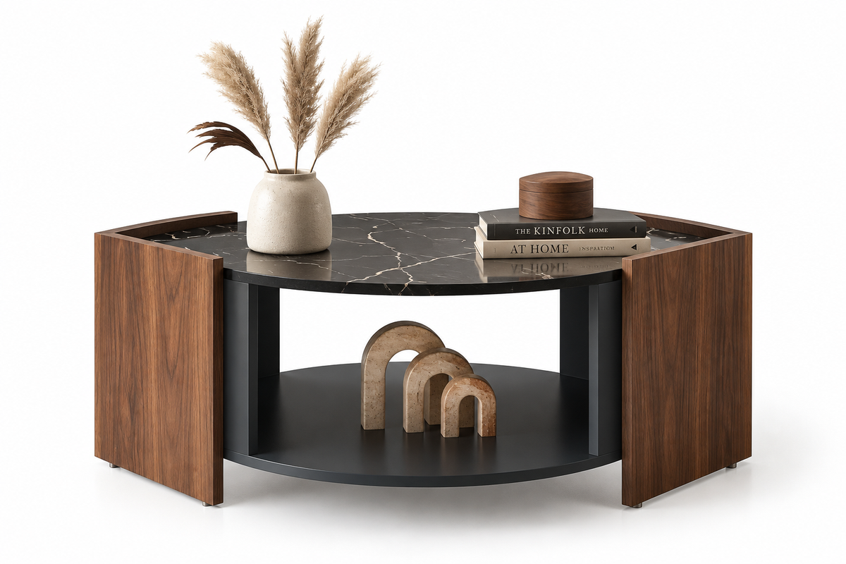 Table Basse ALBA – Noyer & Plateau Effet Marbre Noir