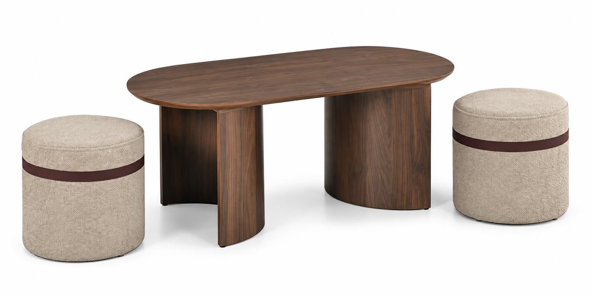 Table Basse ALMA – Effet Noyer & Duo de Poufs Intégrés