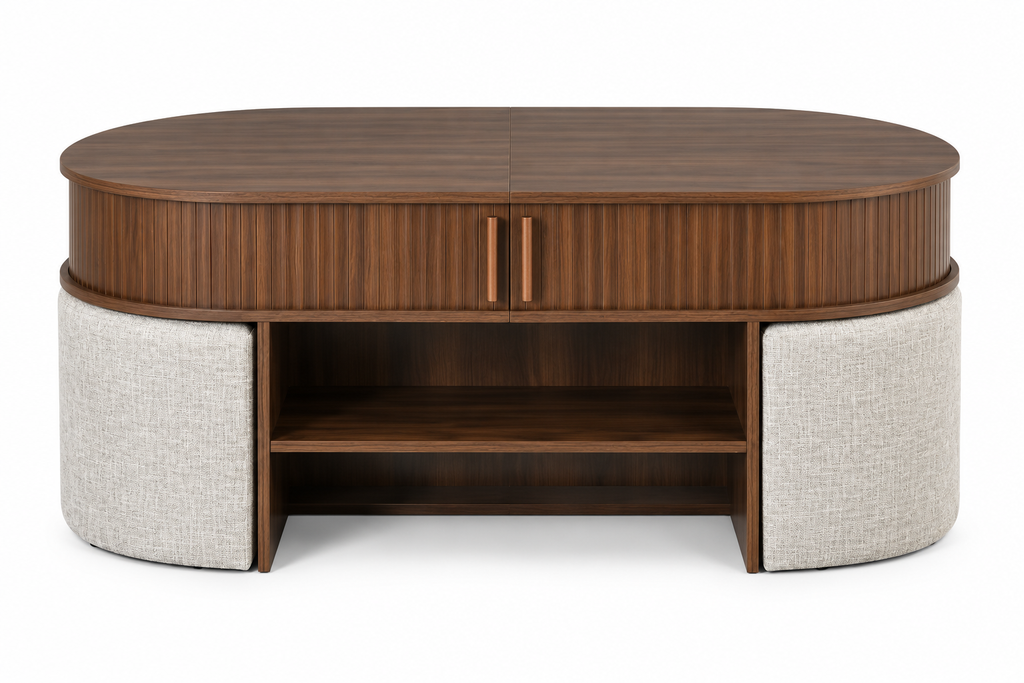 Table Basse MAÉVA – Noyer avec Rangement & 4 Poufs